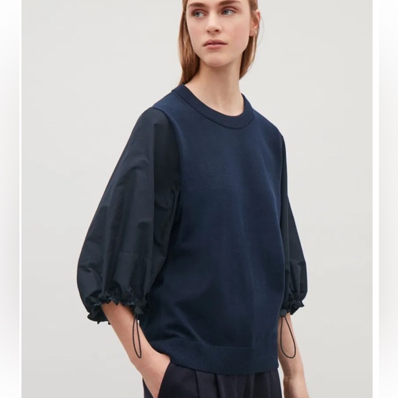 COS Navy Blue Knitted Top with Balloon Sleeves in Technical Fabric - Picture 1 of 11
